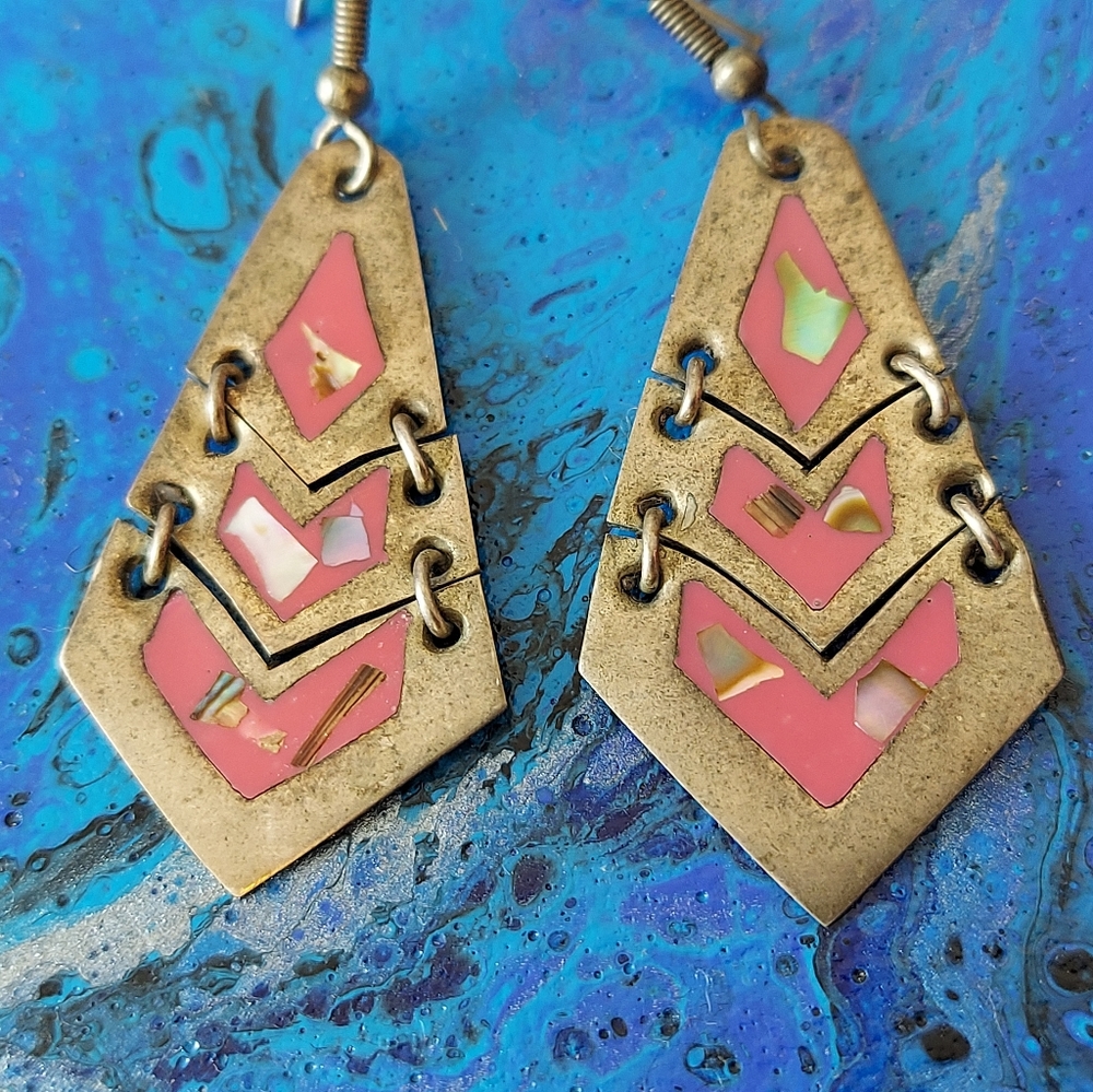 Vintage Abalone Mexico Silver Chandelier Earrings - Signed 90s vtg pink